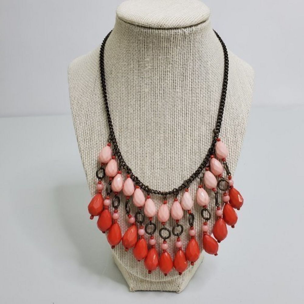 American Eagle Necklace Beaded Red Pink Gold Tone Statement Dangle Fringe
